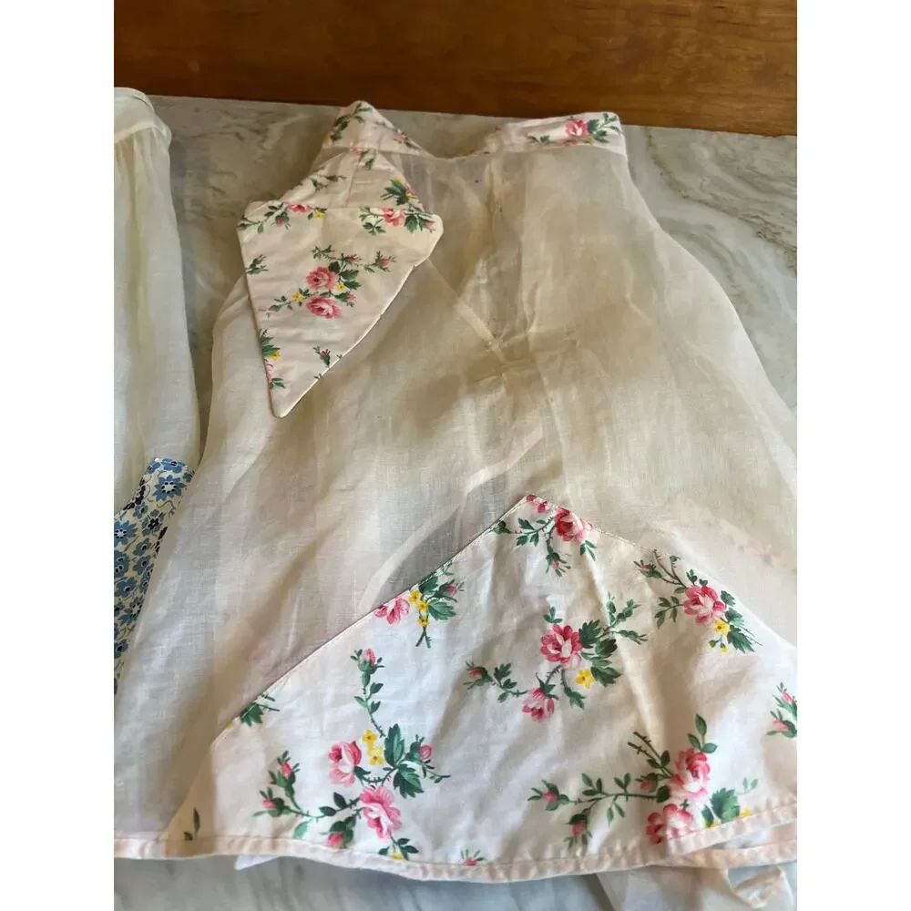 Two Vintage 60s Sheer Half Aprons Pink Blue Floral Print